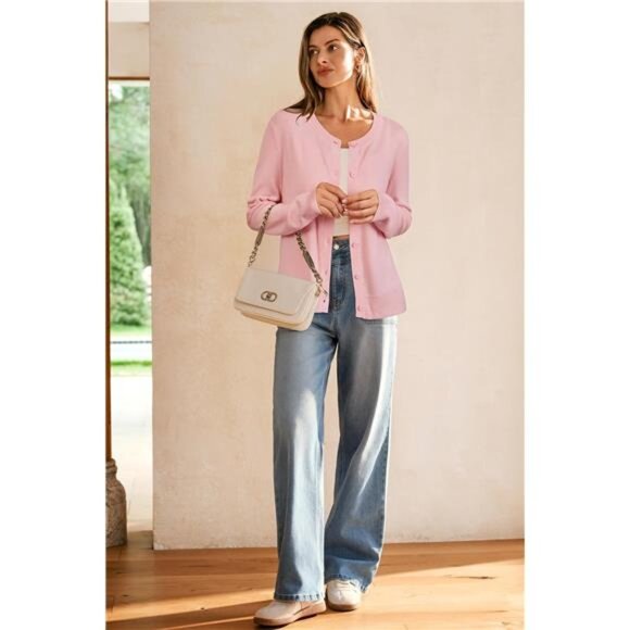 Women's Wool Blended Cardigan Sweaters Lightweight Pink - Picture 6 of 6